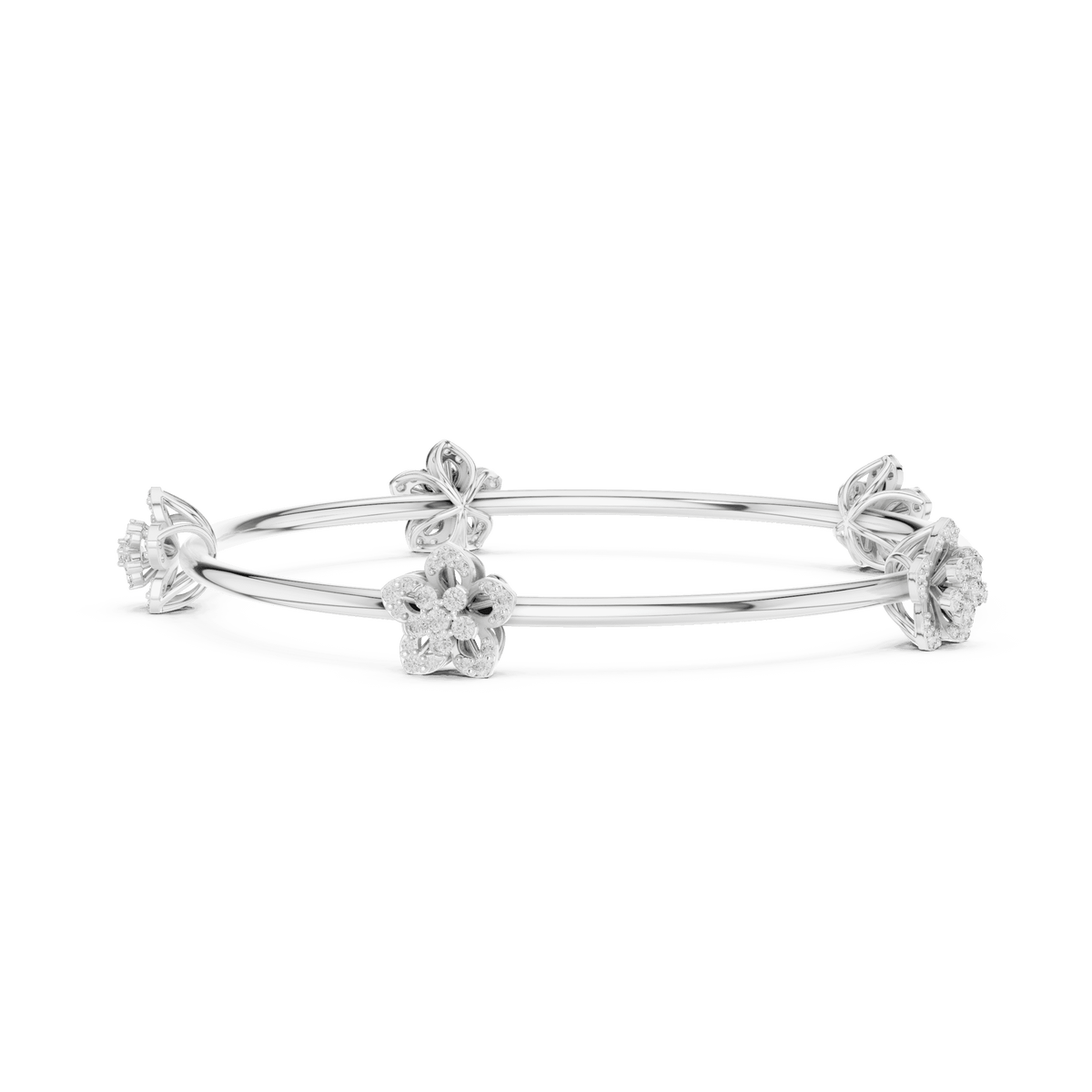 Blooming Floral & Leaf Crystal Bangle Bracelet featuring sparkling flower blossoms and leaf-inspired charms on a polished silver-tone open bangle by Orova Jewels.