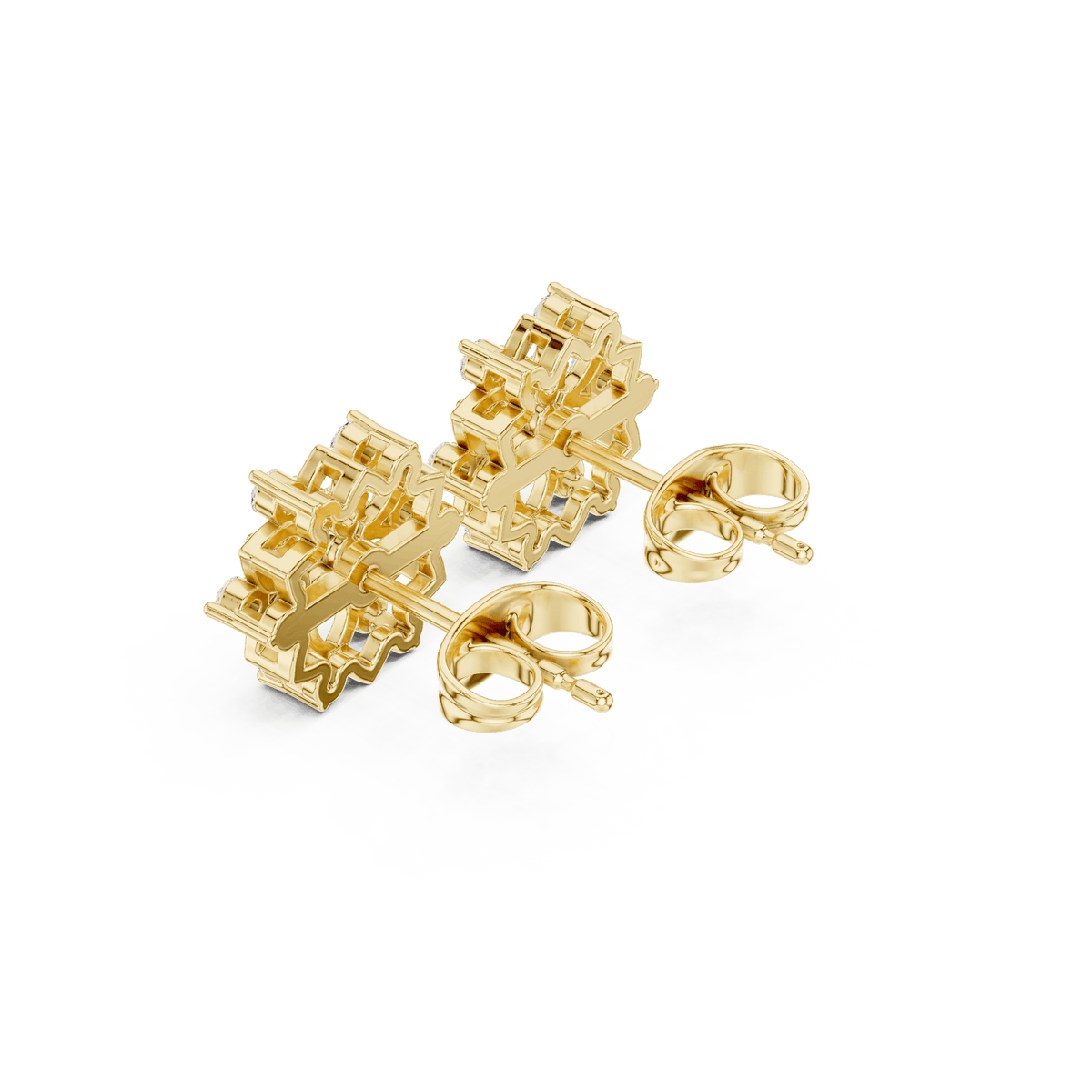 Geometric floral diamond stud earrings featuring sparkling round stone clusters and a modern geometric design by Orova Jewels.