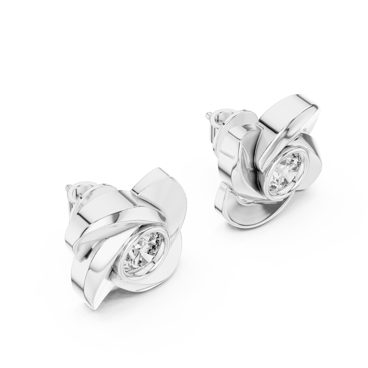 Twisted ribbon diamond stud earrings featuring a brilliant round center stone with a modern swirl design by Orova Jewels.