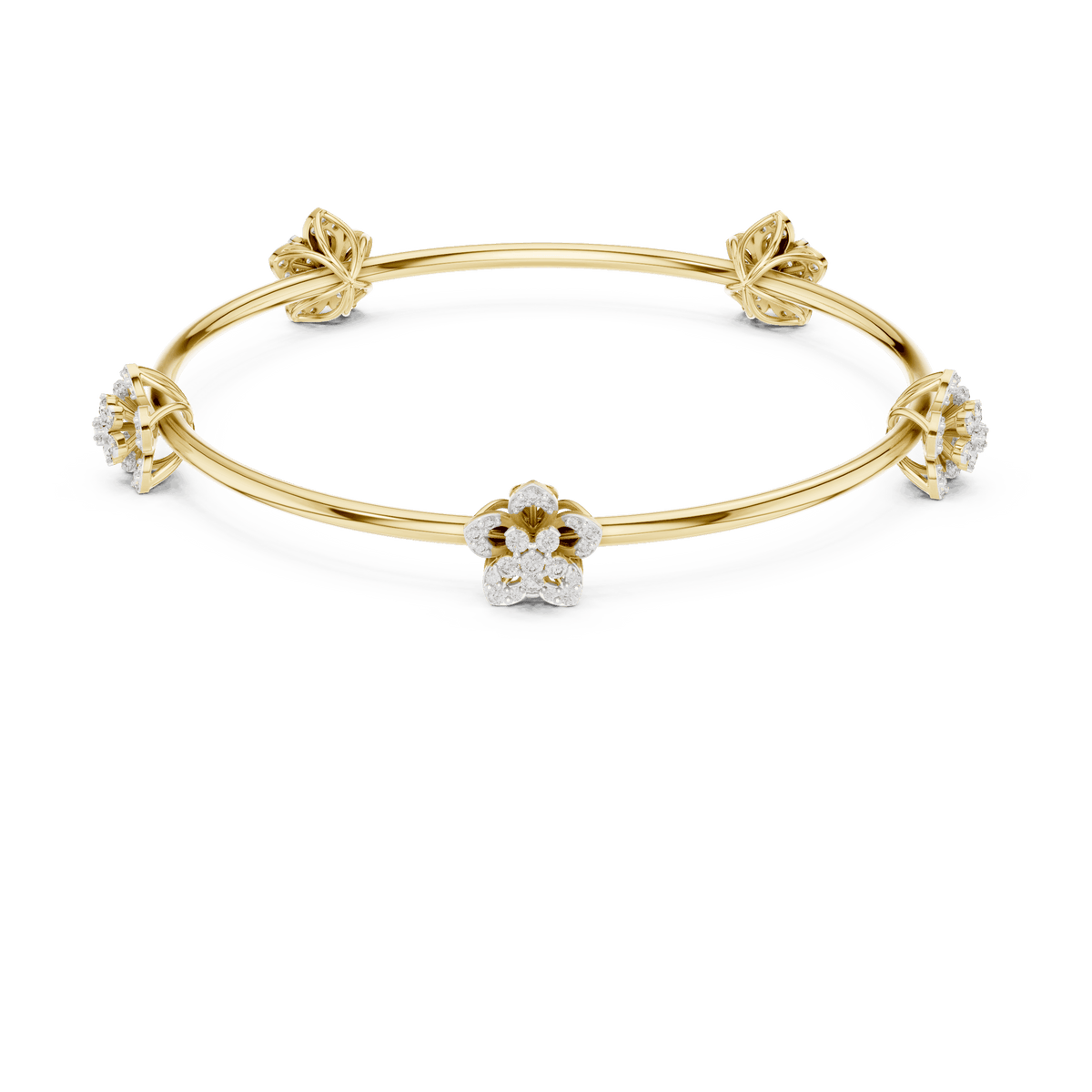 Blooming Floral & Leaf Crystal Bangle Bracelet featuring sparkling flower blossoms and leaf-inspired charms on a polished silver-tone open bangle by Orova Jewels.