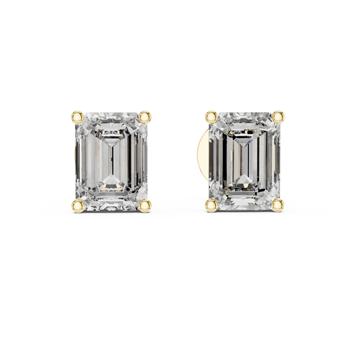 Emerald cut solitaire diamond stud earrings featuring rectangular-cut stones in a classic four-prong setting with secure screw-back closure by Orova Jewels.