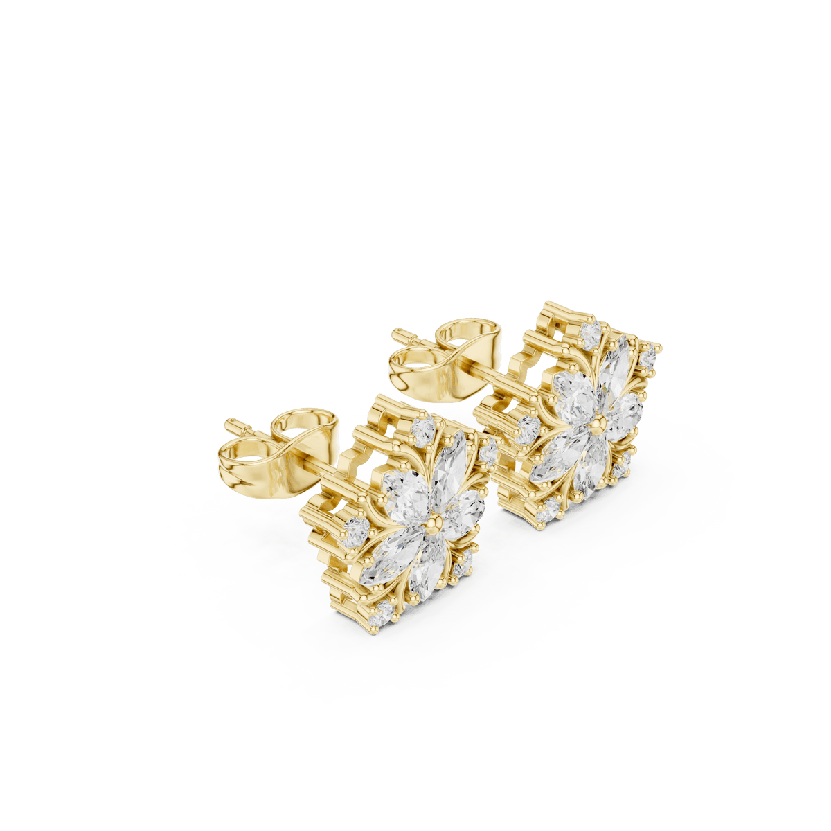 Floral diamond stud earrings featuring marquise and round-cut stones in a sparkling flower-inspired design by Orova Jewels.