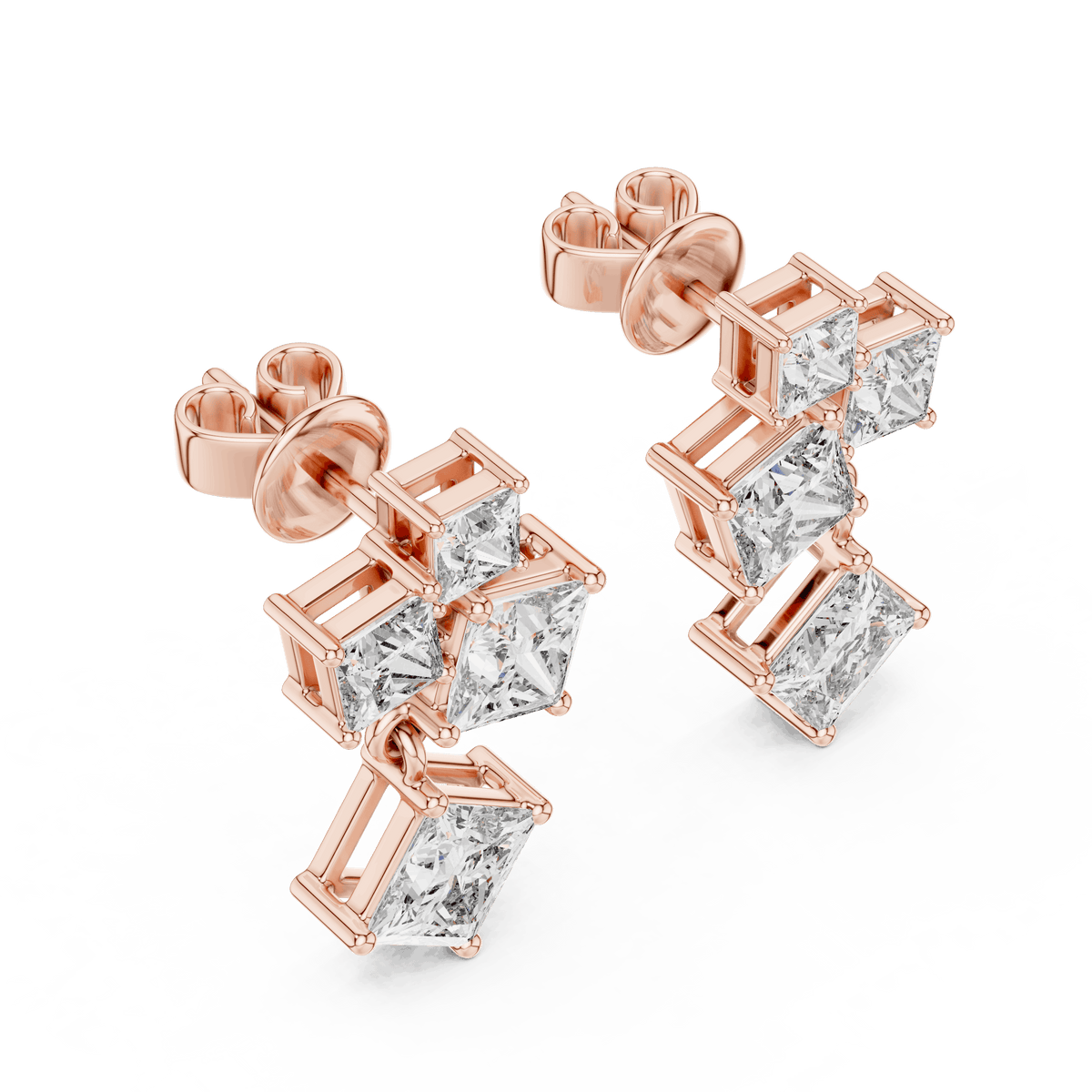 Princess cut diamond cluster drop earrings featuring cascading square-cut stones in a modern geometric design by Orova Jewels.