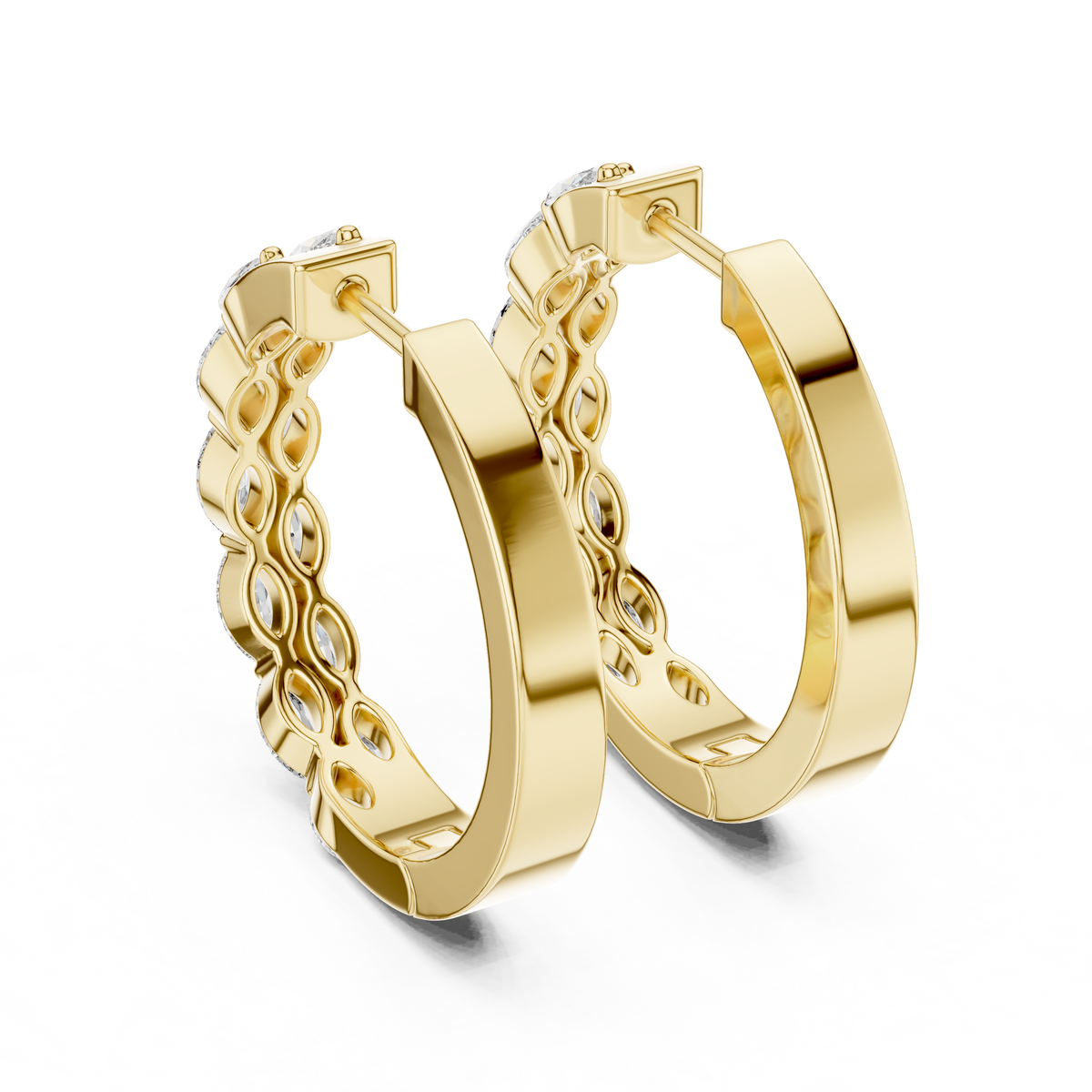 Marquise diamond hoop earrings featuring sparkling marquise-cut stones in a sleek hinged hoop design by Orova Jewels.