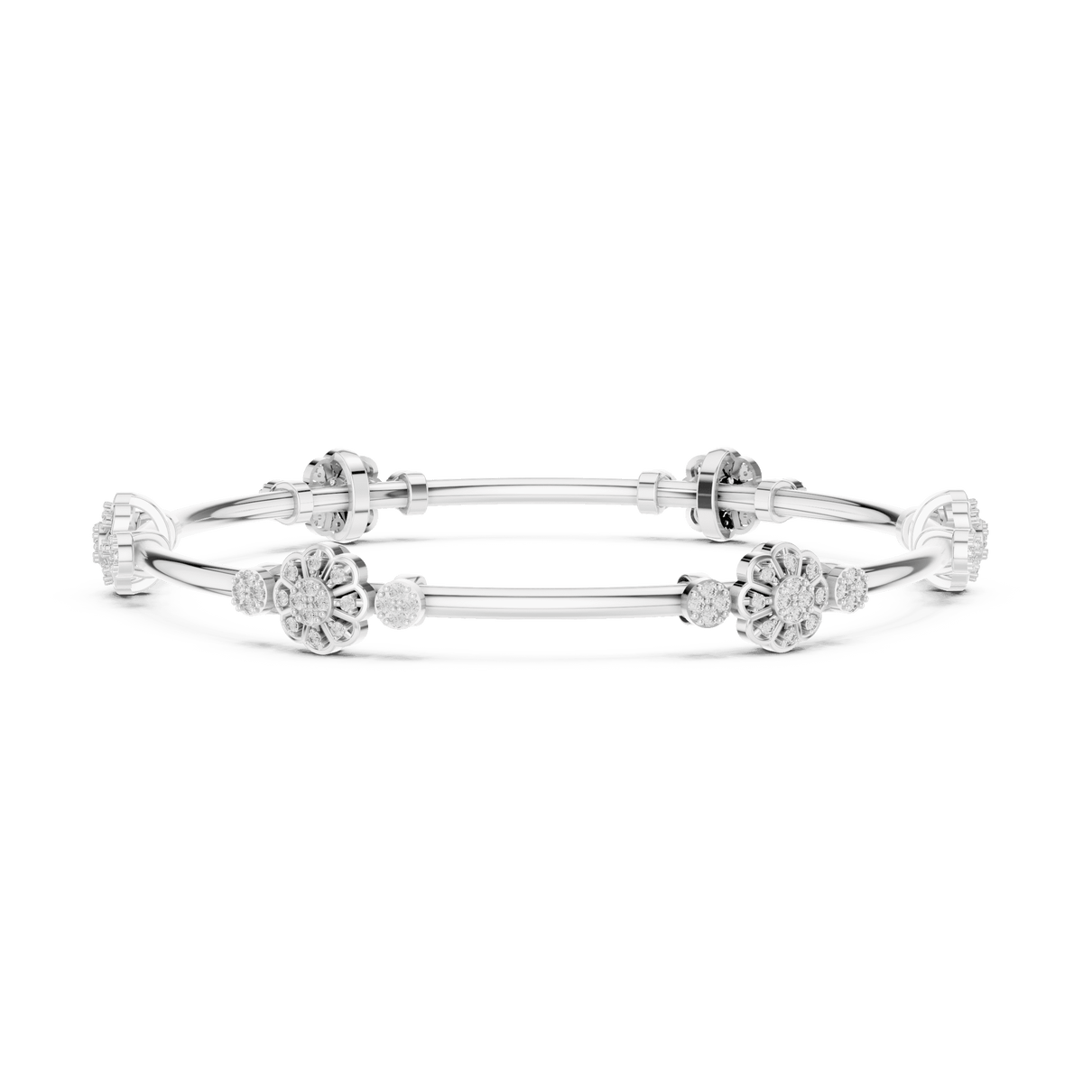 Floral charm crystal bangle bracelet featuring sparkling flower charms, decorative spacer beads, and a polished silver-tone finish by Orova Jewels.