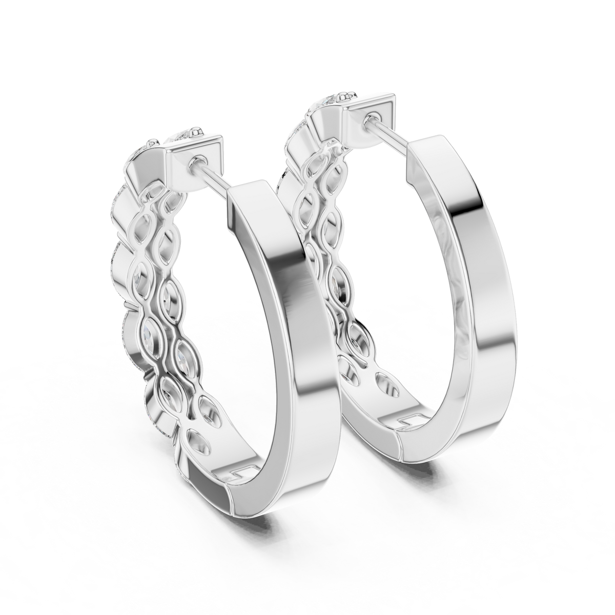 Marquise diamond hoop earrings featuring sparkling marquise-cut stones in a sleek hinged hoop design by Orova Jewels.