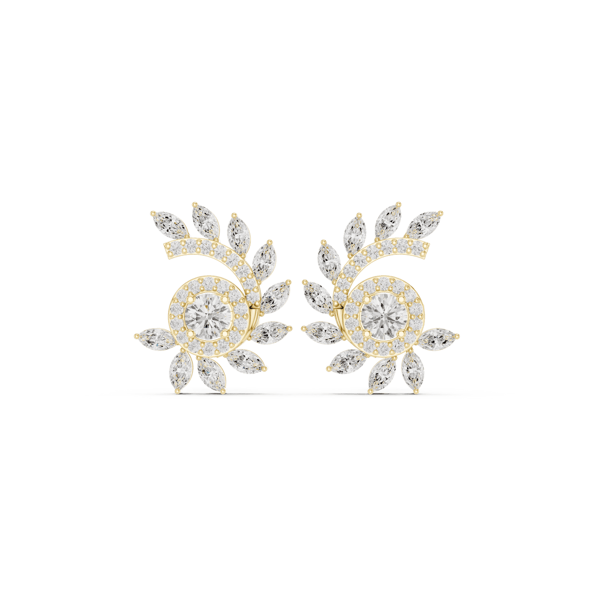 Art Deco diamond statement stud earrings featuring a geometric arrangement of round and baguette-cut stones with a sparkling halo centerpiece by Orova Jewels.