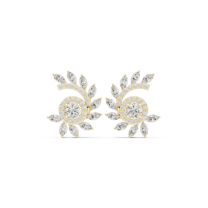 Art Deco diamond statement stud earrings featuring a geometric arrangement of round and baguette-cut stones with a sparkling halo centerpiece by Orova Jewels.