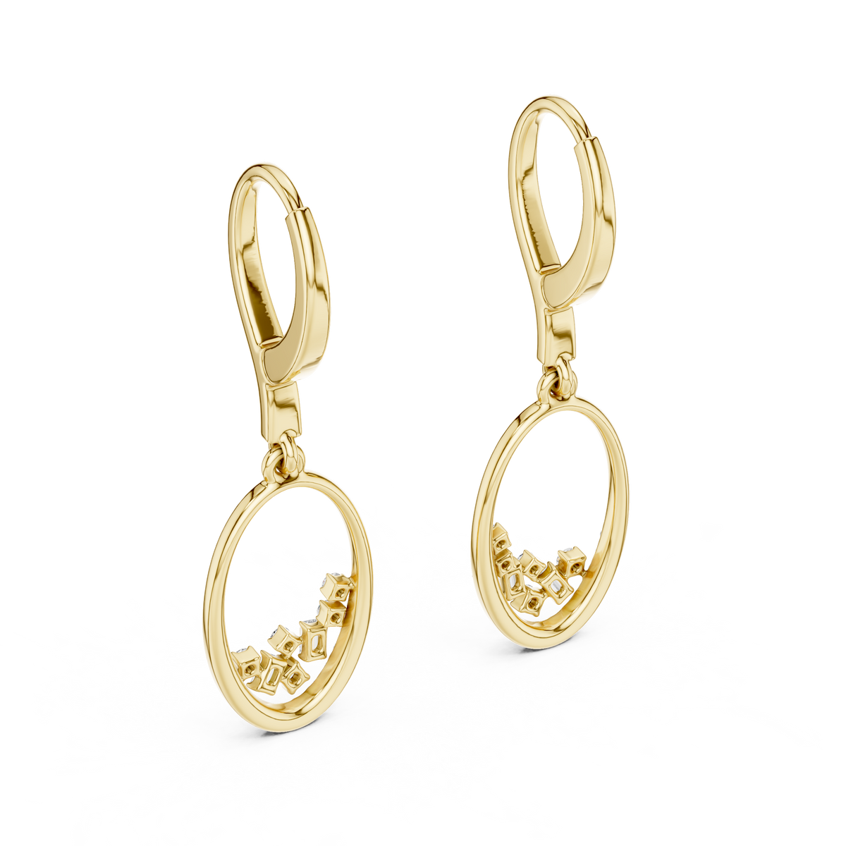 Oval diamond drop hoop earrings featuring an open oval frame with sparkling round and baguette-cut stone accents by Orova Jewels.