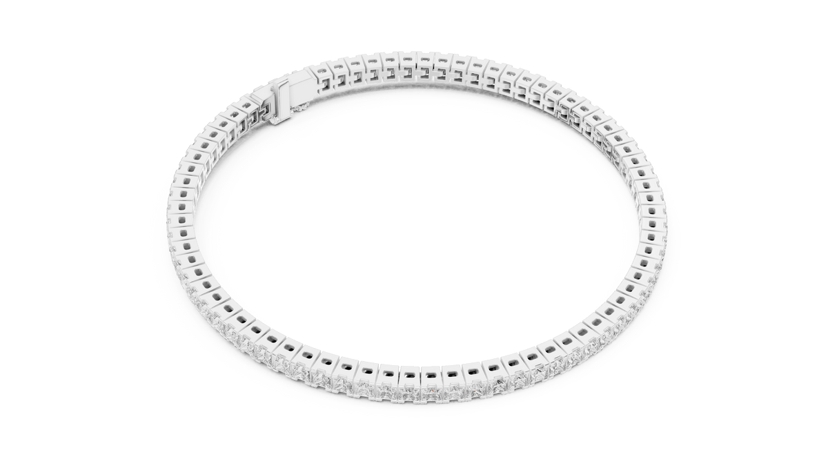 Princess Cut Diamond Tennis Bracelet featuring a continuous row of sparkling square-cut stones with a secure box clasp by Orova Jewels.