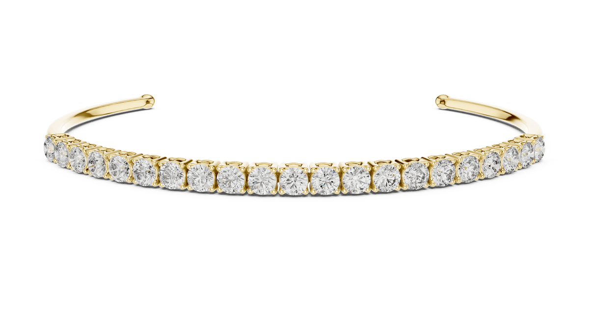 Round Diamond Open Cuff Bangle featuring a row of brilliant round-cut diamonds on a polished white gold open bracelet by Orova Jewels.