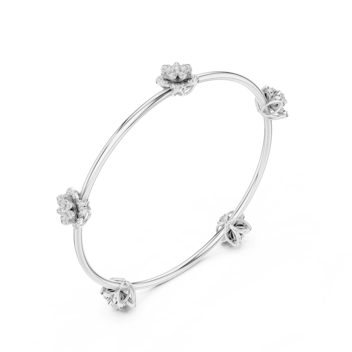 Blooming Floral & Leaf Crystal Bangle Bracelet featuring sparkling flower blossoms and leaf-inspired charms on a polished silver-tone open bangle by Orova Jewels.