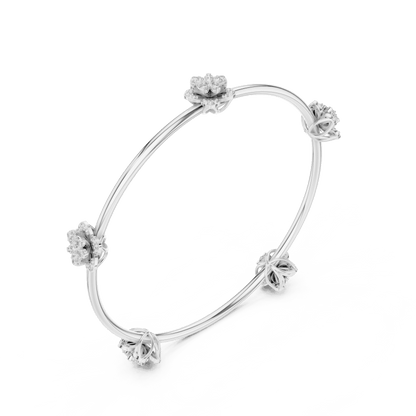 Blooming Floral & Leaf Crystal Bangle Bracelet featuring sparkling flower blossoms and leaf-inspired charms on a polished silver-tone open bangle by Orova Jewels.