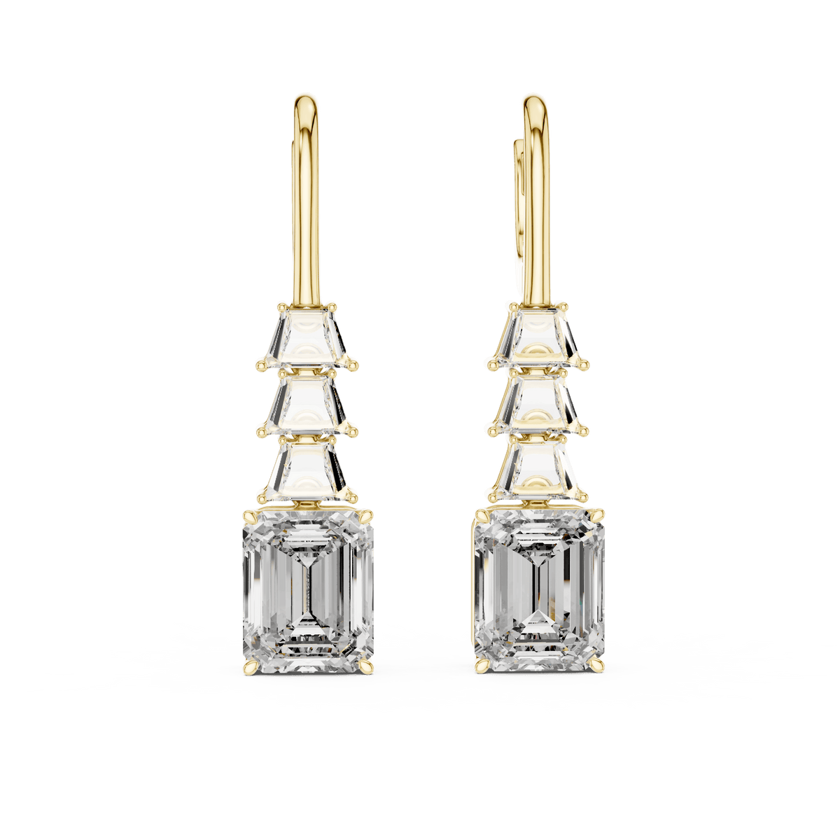 Elegant emerald cut diamond drop earrings featuring a geometric drop design with sparkling emerald-cut stones by Orova Jewels.