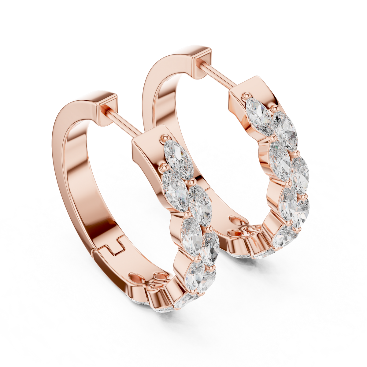 Marquise diamond hoop earrings featuring sparkling marquise-cut stones in a sleek hinged hoop design by Orova Jewels.