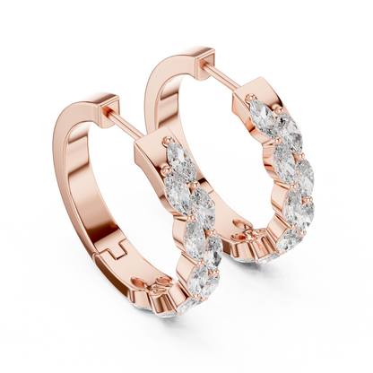 Marquise diamond hoop earrings featuring sparkling marquise-cut stones in a sleek hinged hoop design by Orova Jewels.