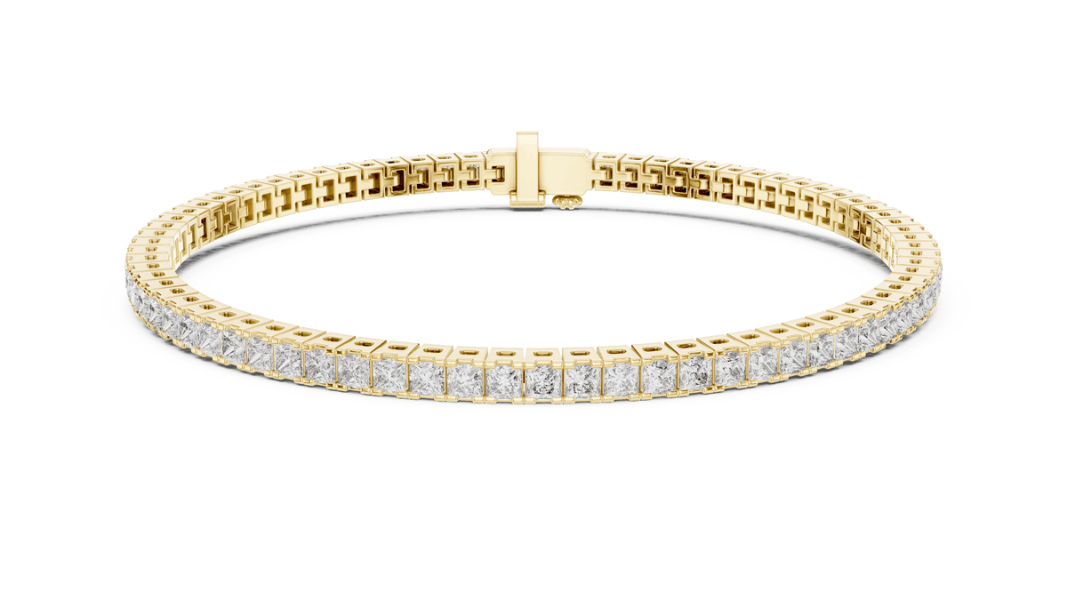 Princess Cut Diamond Tennis Bracelet featuring a continuous row of sparkling square-cut stones with a secure box clasp by Orova Jewels.