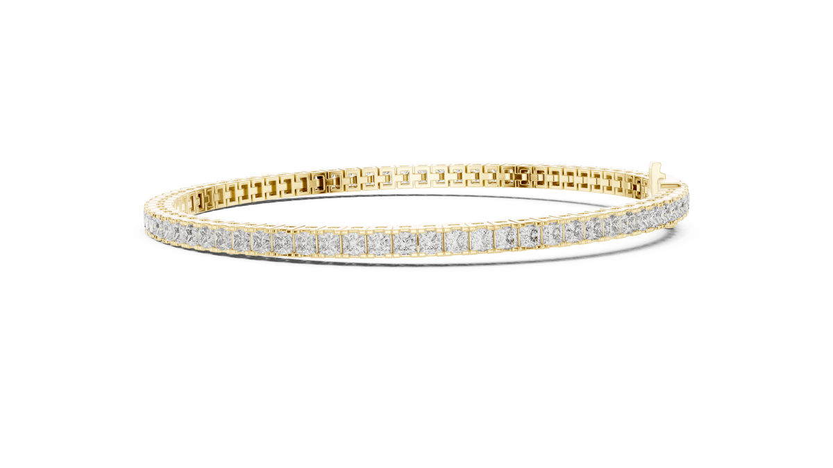 Princess Cut Diamond Tennis Bracelet featuring a continuous row of sparkling square-cut stones with a secure box clasp by Orova Jewels.