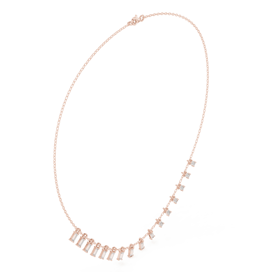 Baguette diamond fringe necklace featuring elegant geometric stone drops on a delicate chain by Orova Jewels.