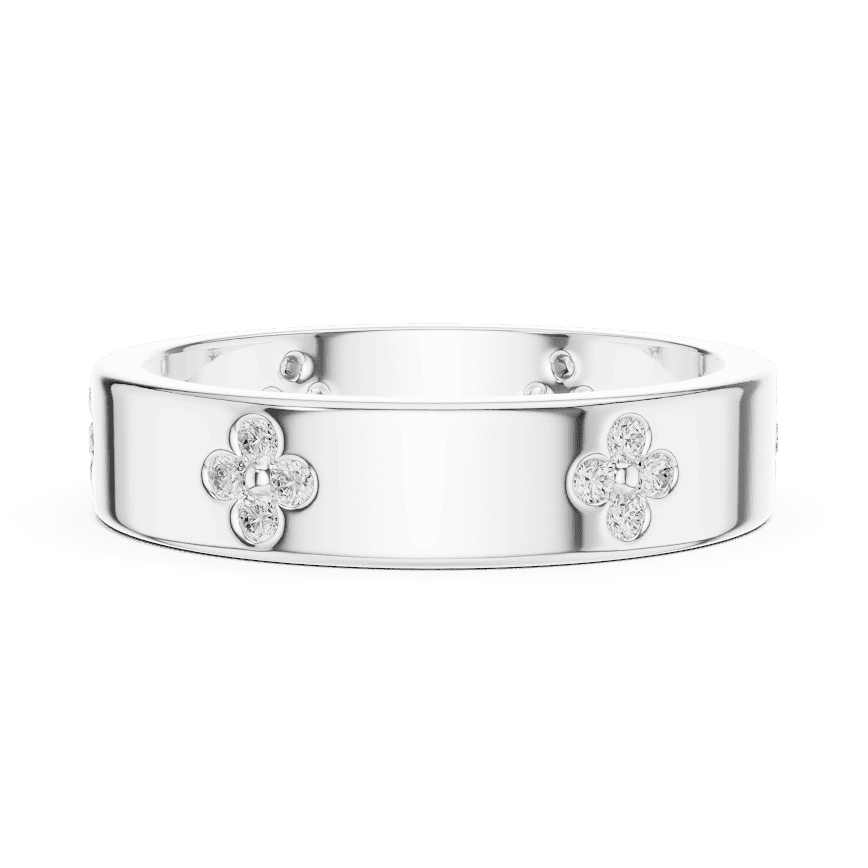 Floral Diamond Comfort Fit Wedding Band featuring delicate round diamond flower clusters on a wide polished band by Orova Jewels.