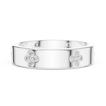 Floral Diamond Comfort Fit Wedding Band featuring delicate round diamond flower clusters on a wide polished band by Orova Jewels.
