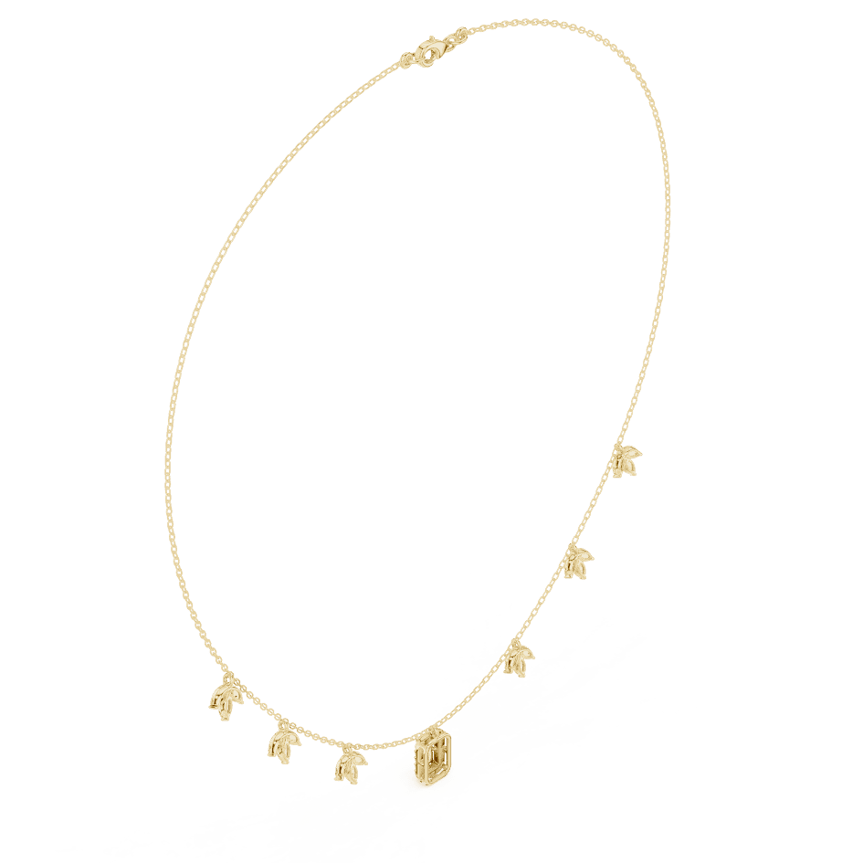 Emerald-cut diamond charm necklace featuring a delicate chain with sparkling station accents and a modern centerpiece by Orova Jewels.