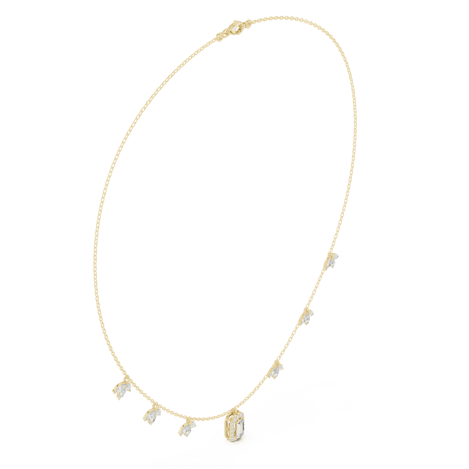 Emerald-cut diamond charm necklace featuring a delicate chain with sparkling station accents and a modern centerpiece by Orova Jewels.