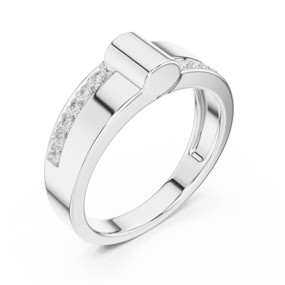 Modern channel-set diamond band ring with a sleek polished finish and sparkling accent stones by Orova Jewels.