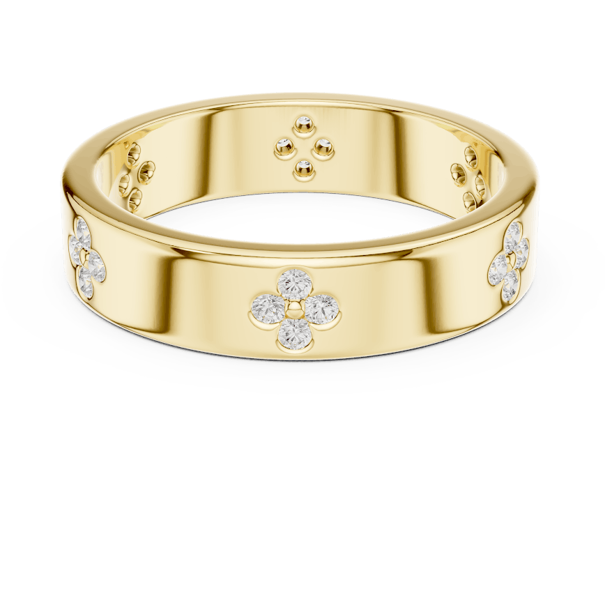 Floral Diamond Comfort Fit Wedding Band featuring delicate round diamond flower clusters on a wide polished band by Orova Jewels.