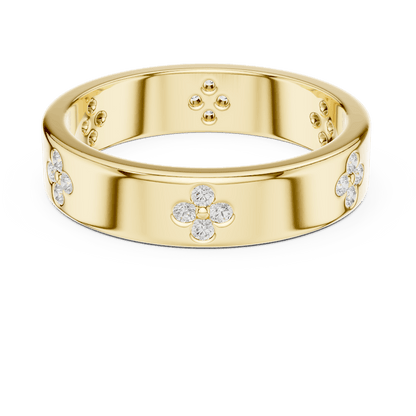 Floral Diamond Comfort Fit Wedding Band featuring delicate round diamond flower clusters on a wide polished band by Orova Jewels.