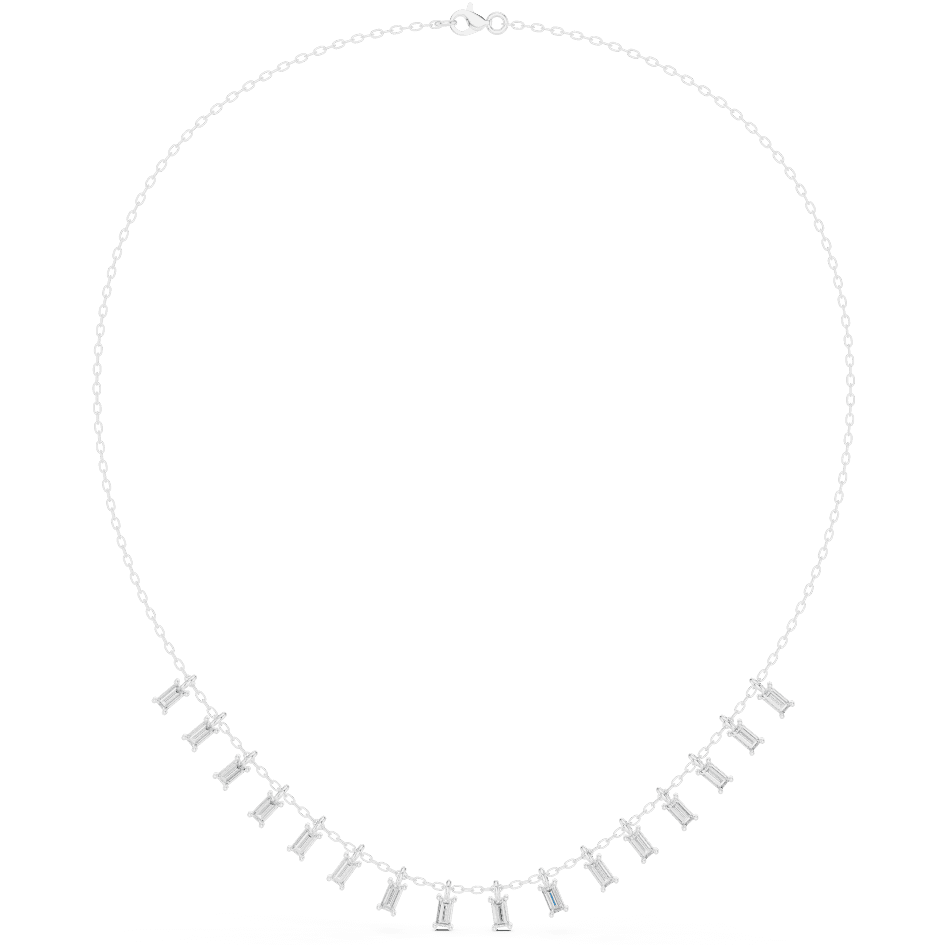 Baguette diamond fringe necklace featuring elegant geometric stone drops on a delicate chain by Orova Jewels.