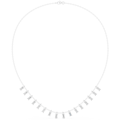 Baguette diamond fringe necklace featuring elegant geometric stone drops on a delicate chain by Orova Jewels.
