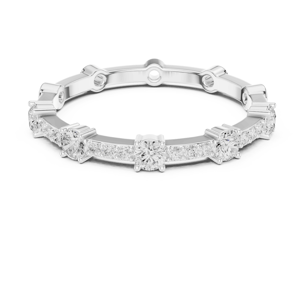 Shared Prong Diamond Eternity Band featuring brilliant round diamonds in a polished half eternity shared-prong setting by Orova Jewels.