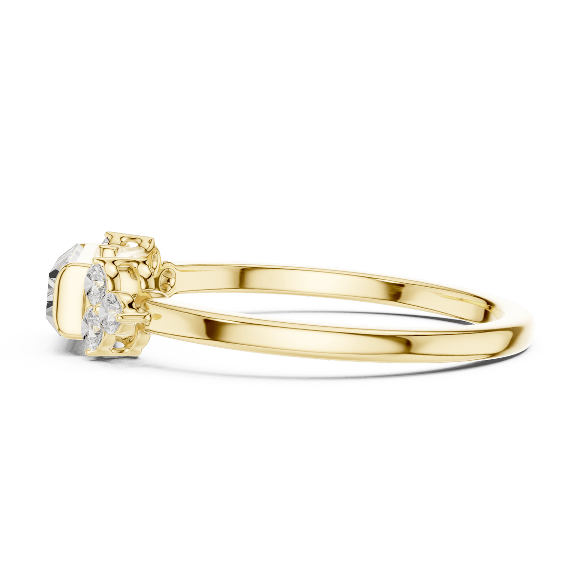 Emerald Cut Diamond Three-Stone Engagement Ring featuring an emerald-cut center stone with round diamond side accents on a polished band by Orova Jewels.