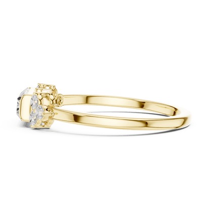 Emerald Cut Diamond Three-Stone Engagement Ring featuring an emerald-cut center stone with round diamond side accents on a polished band by Orova Jewels.