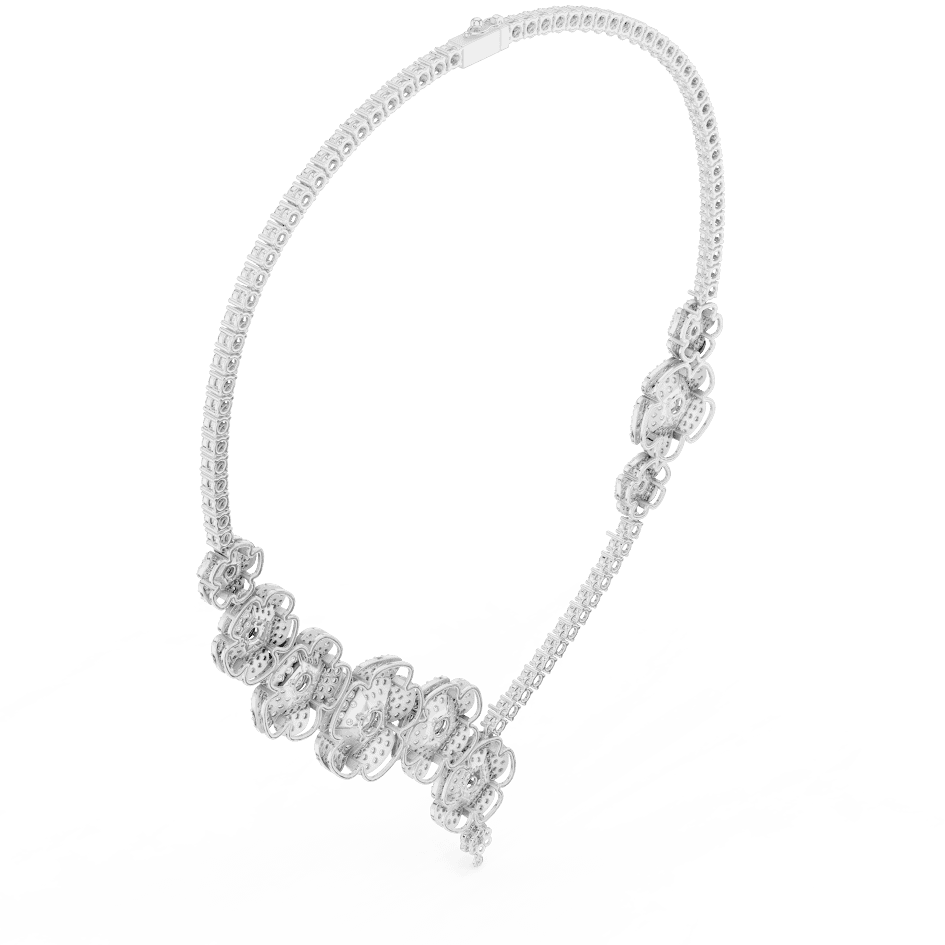 Floral diamond statement necklace featuring sparkling flower motifs and an elegant drop centerpiece by Orova Jewels.