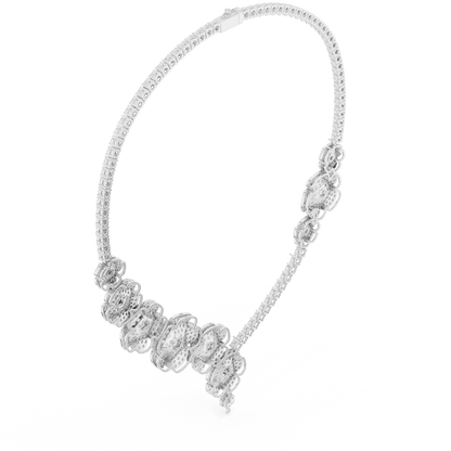 Floral diamond statement necklace featuring sparkling flower motifs and an elegant drop centerpiece by Orova Jewels.