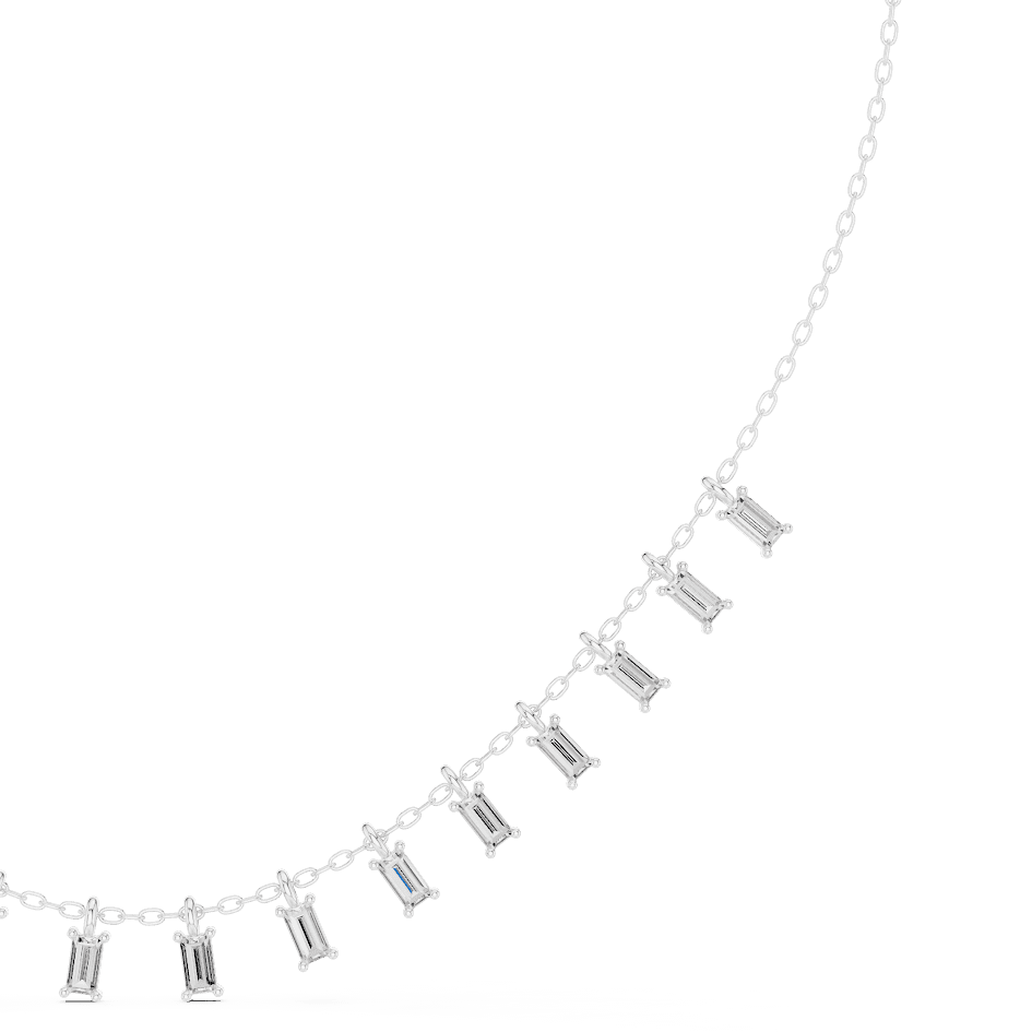 Baguette diamond fringe necklace featuring elegant geometric stone drops on a delicate chain by Orova Jewels.