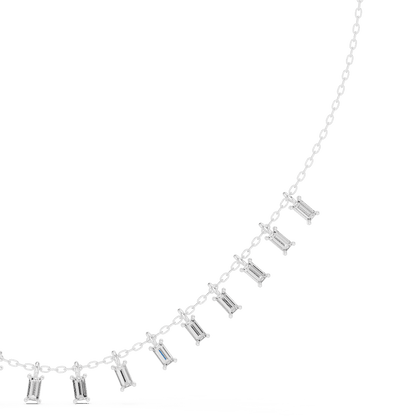 Baguette diamond fringe necklace featuring elegant geometric stone drops on a delicate chain by Orova Jewels.