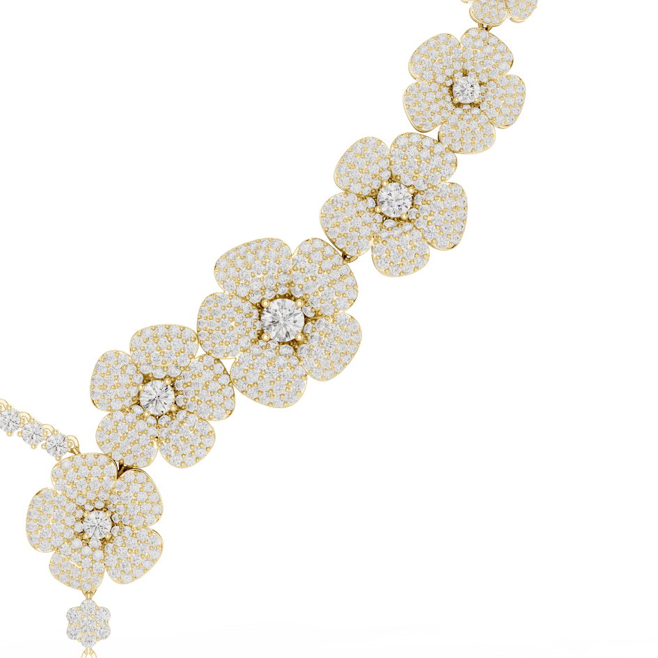 Floral diamond statement necklace featuring sparkling flower motifs and an elegant drop centerpiece by Orova Jewels.