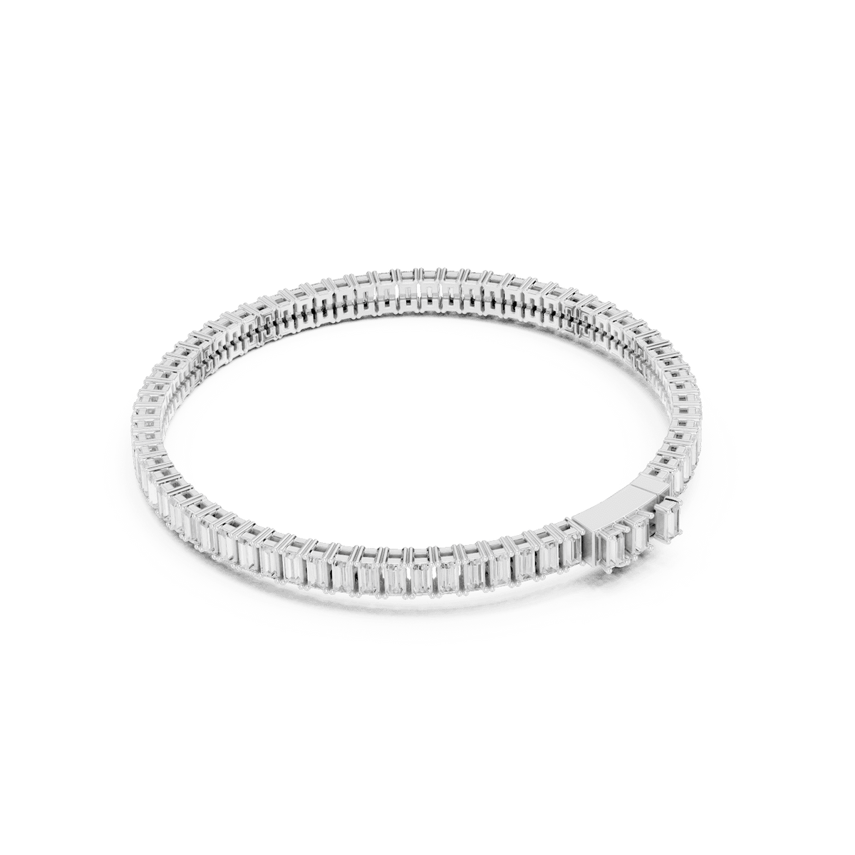 Emerald-cut diamond tennis bracelet featuring a continuous row of sparkling rectangular stones with a secure box clasp by Orova Jewels.