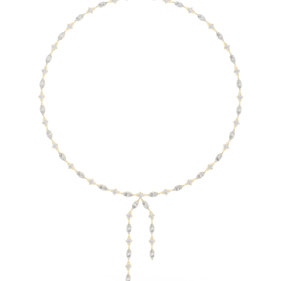 Marquise Diamond Bow Drop Necklace featuring alternating marquise-shaped links, a bow-inspired centerpiece, and elegant cascading drop accents by Orova Jewels.