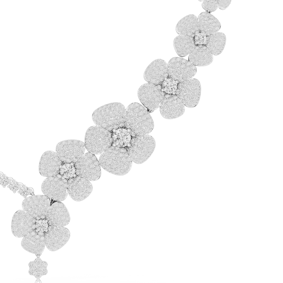 Floral diamond statement necklace featuring sparkling flower motifs and an elegant drop centerpiece by Orova Jewels.
