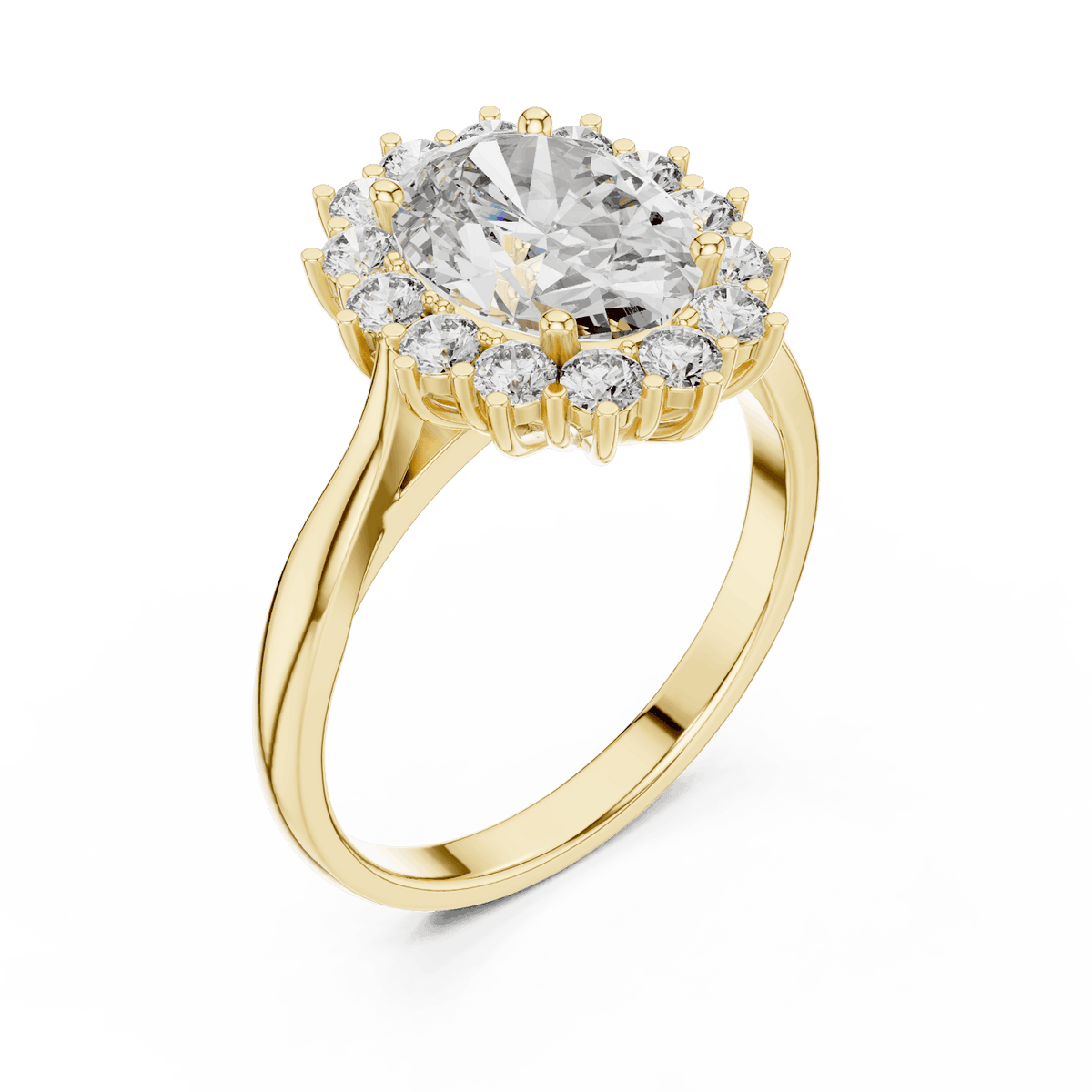Floral halo solitaire diamond engagement ring featuring a brilliant round-cut center stone surrounded by a sparkling halo in an elegant cathedral-style setting by Orova Jewels.