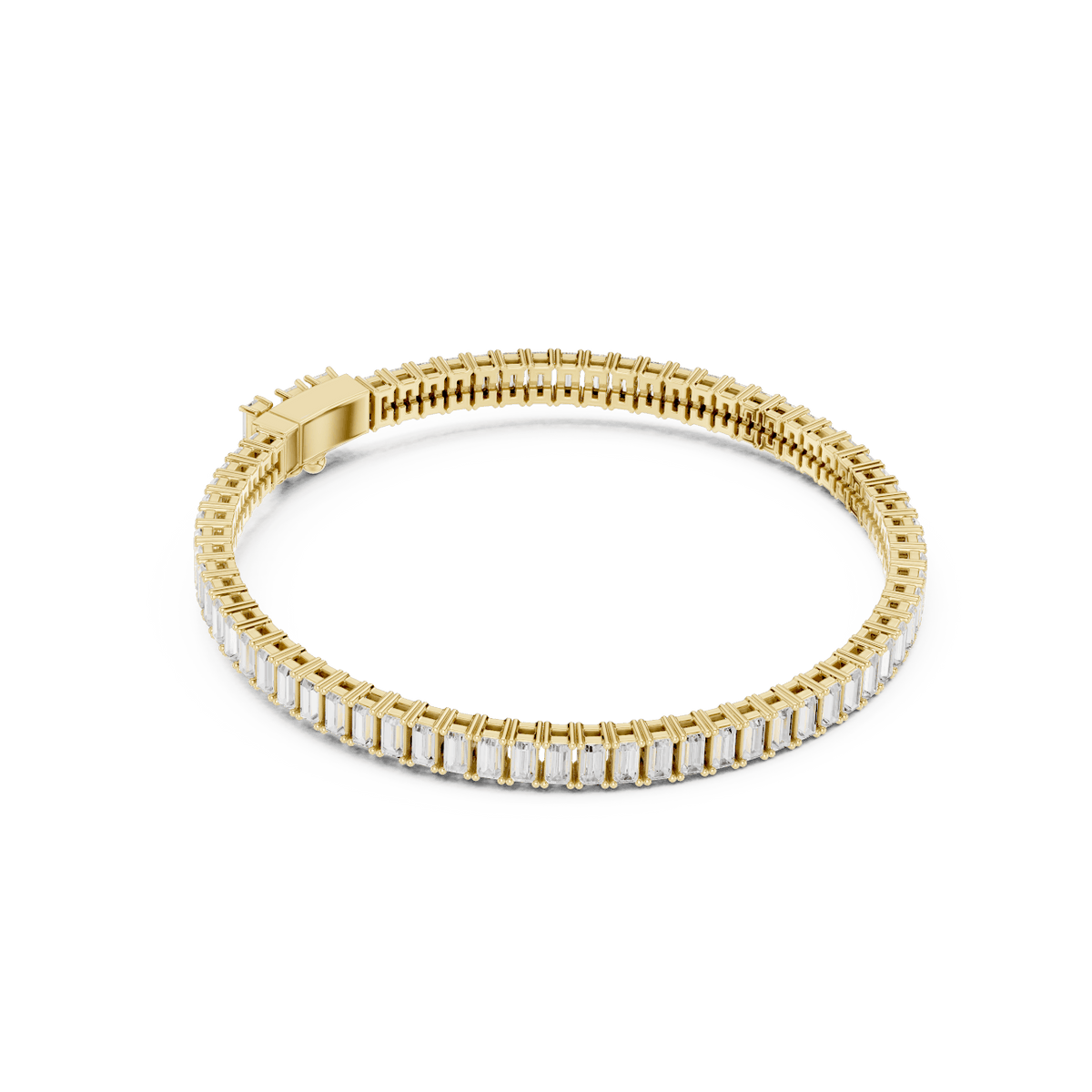 Emerald-cut diamond tennis bracelet featuring a continuous row of sparkling rectangular stones with a secure box clasp by Orova Jewels.