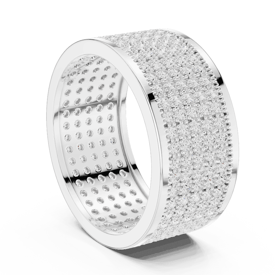 Luxury diamond pavé band ring featuring multiple rows of sparkling round diamonds on a wide polished band by Orova Jewels.