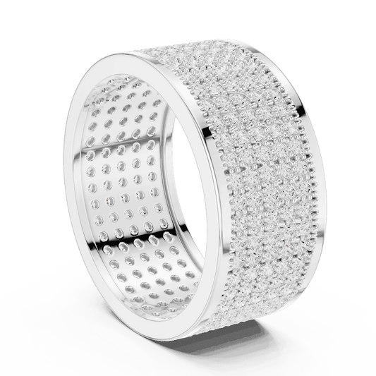 Luxury diamond pavé band ring featuring multiple rows of sparkling round diamonds on a wide polished band by Orova Jewels.