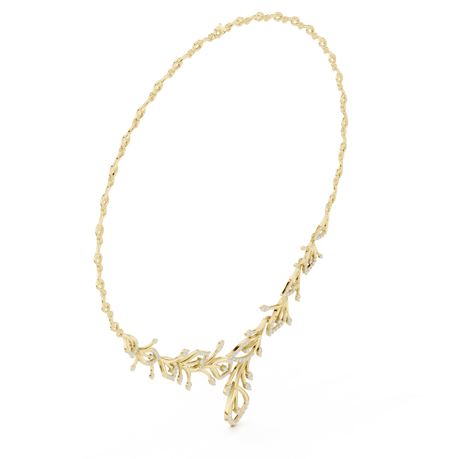 Nature-inspired yellow gold leaf necklace with an elegant vine design and sparkling stone accents by Orova Jewels.