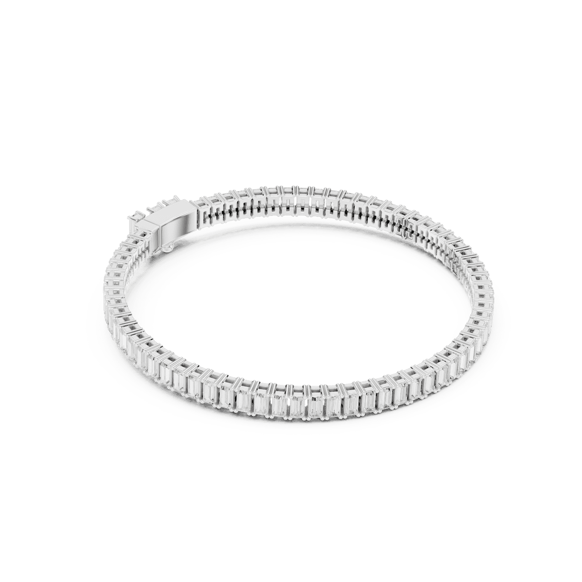 Emerald-cut diamond tennis bracelet featuring a continuous row of sparkling rectangular stones with a secure box clasp by Orova Jewels.