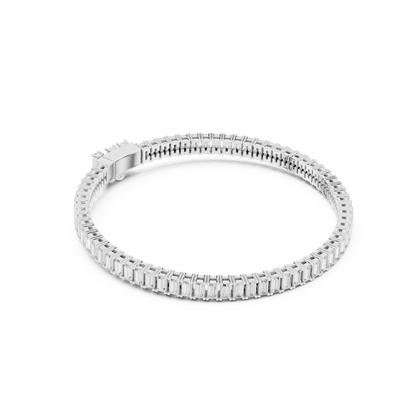 Emerald-cut diamond tennis bracelet featuring a continuous row of sparkling rectangular stones with a secure box clasp by Orova Jewels.